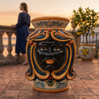 Head Pouf with seat, blue and orange decoration, Moor male. Sicilian ceramics from Caltagirone, Sofia