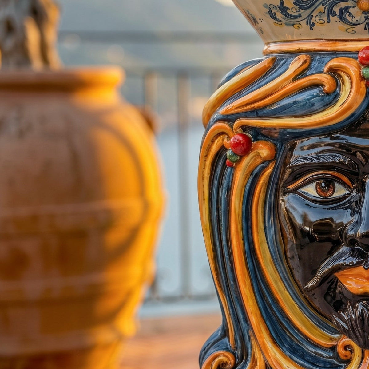 Head Pouf with seat, blue and orange decoration, Moor male. Sicilian ceramics from Caltagirone, Sofia