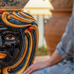 Head Pouf with seat, blue and orange decoration, Moor male. Sicilian ceramics from Caltagirone, Sofia