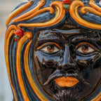 Head Pouf with seat, blue and orange decoration, Moor male. Sicilian ceramics from Caltagirone, Sofia