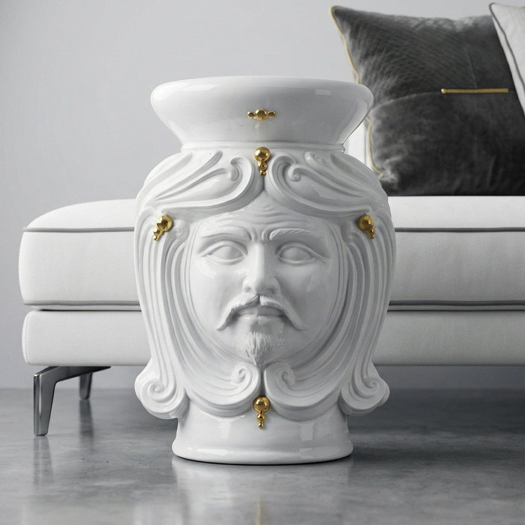 Head-shaped pouf, White and Gold, man, face, pure gold. Sicilian ceramics from Caltagirone, Sofia