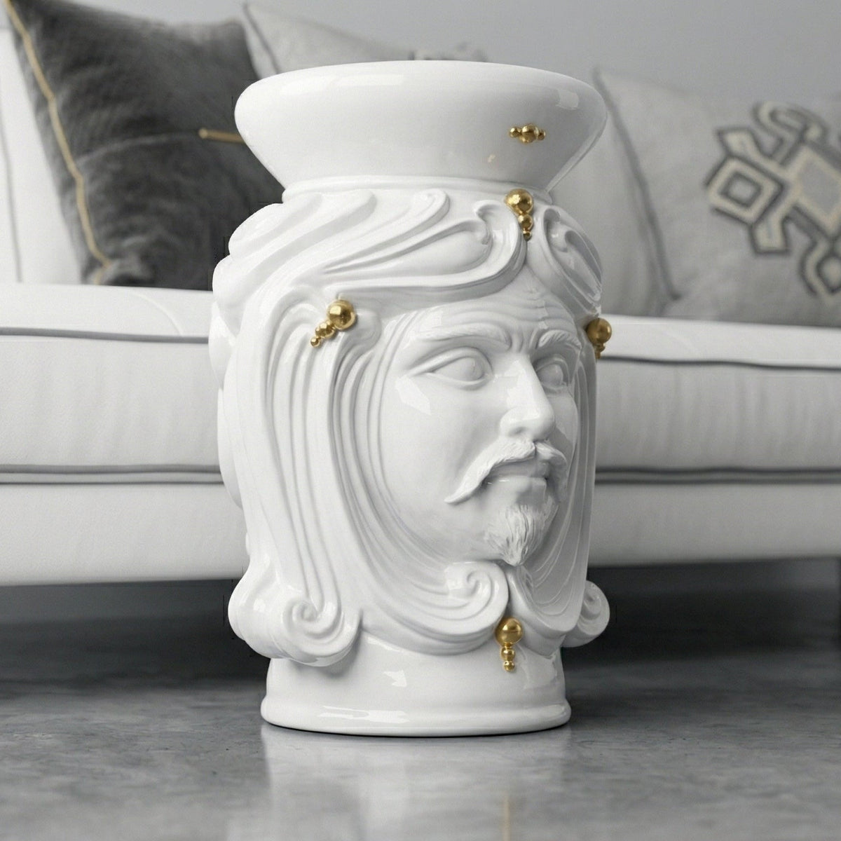 Head-shaped pouf, White and Gold, man, face, pure gold. Sicilian ceramics from Caltagirone, Sofia