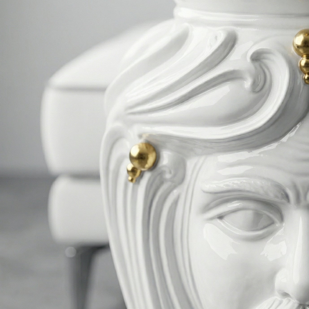Head-shaped pouf, White and Gold, man, face, pure gold. Sicilian ceramics from Caltagirone, Sofia