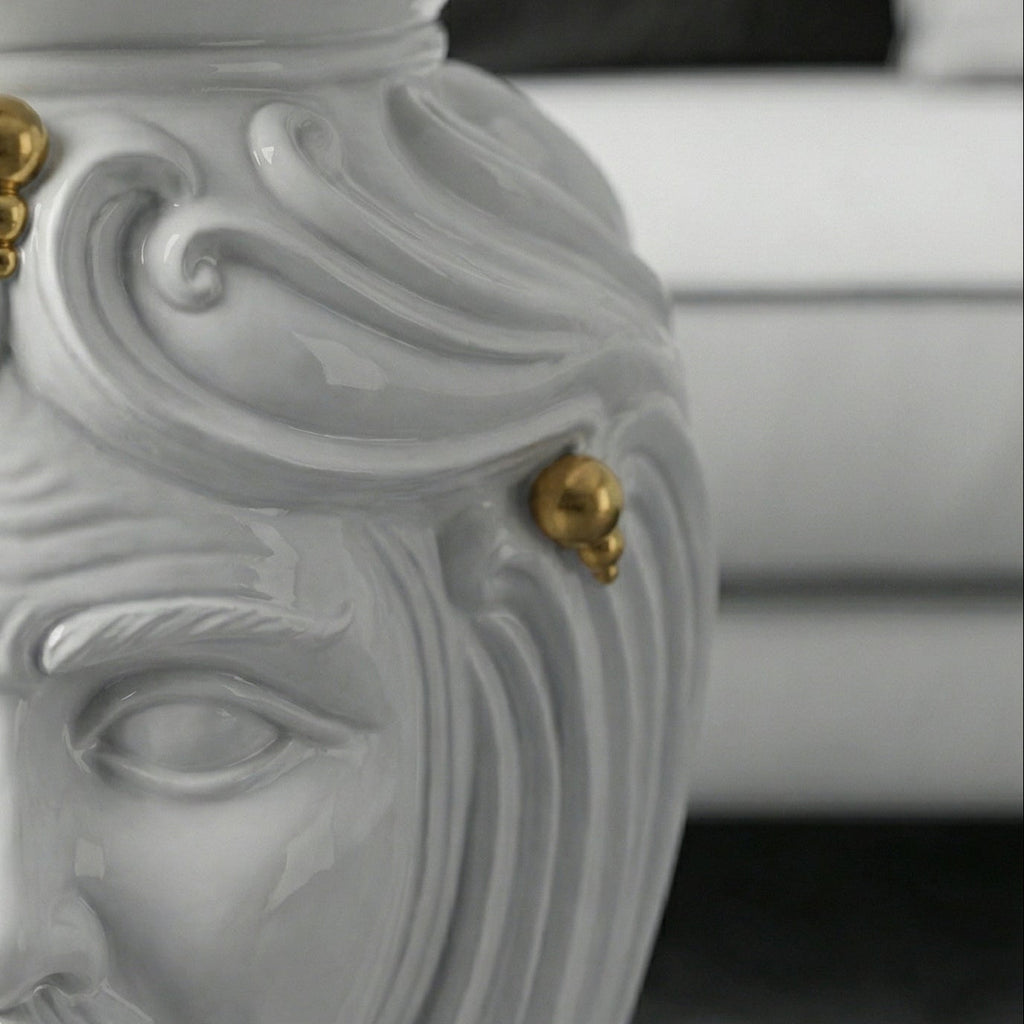 Head-shaped pouf, White and Gold, man, face, pure gold. Sicilian ceramics from Caltagirone, Sofia