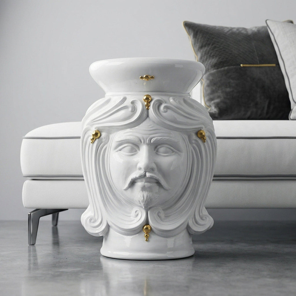 Head-shaped pouf, White and Gold, man, face, pure gold. Sicilian ceramics from Caltagirone, Sofia