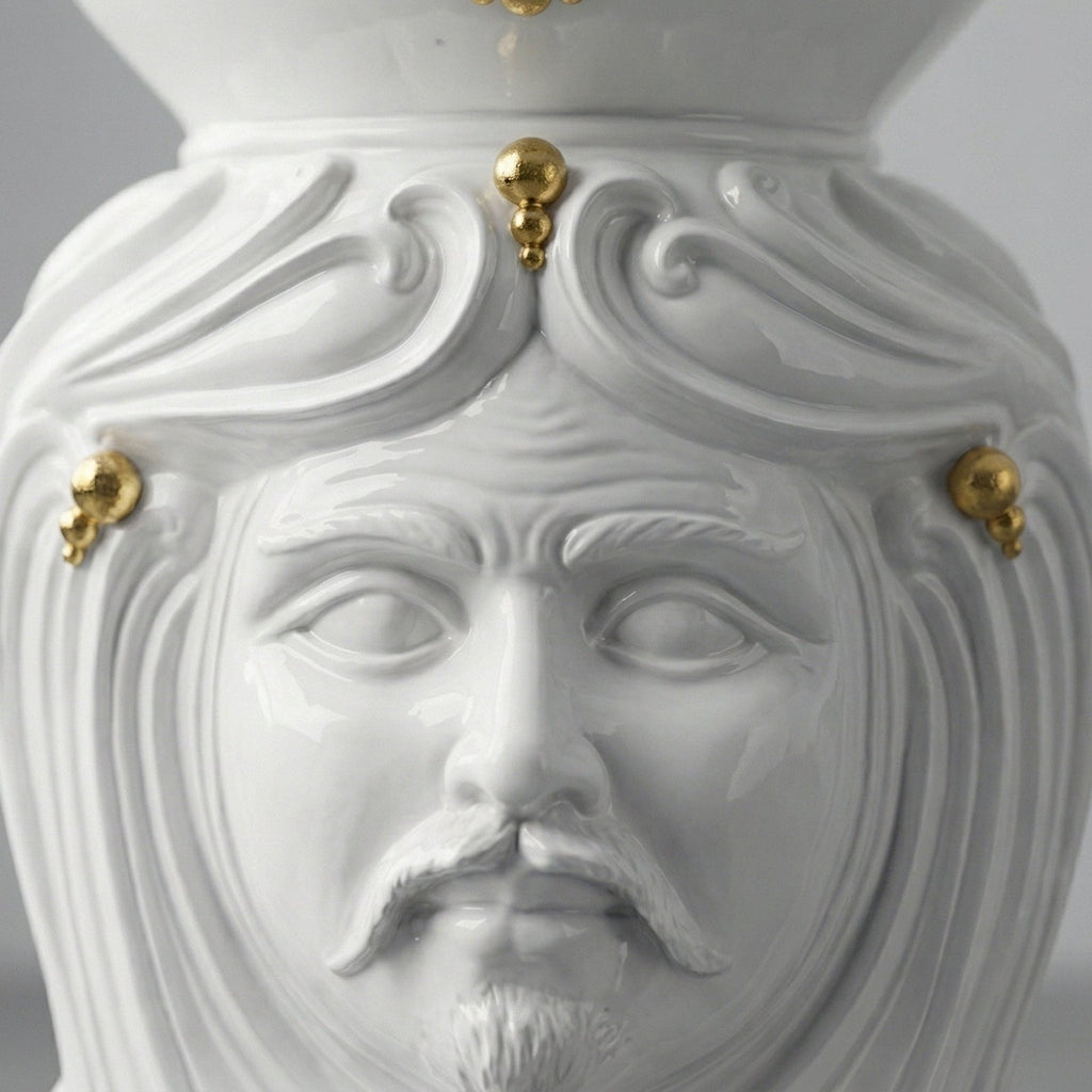 Head-shaped pouf, White and Gold, man, face, pure gold. Sicilian ceramics from Caltagirone, Sofia