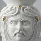 Head-shaped pouf, White and Gold, man, face, pure gold. Sicilian ceramics from Caltagirone, Sofia