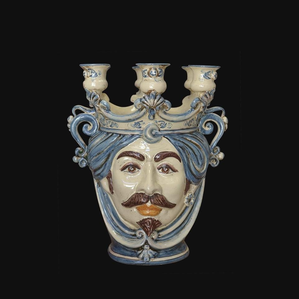 Handmade Caltagirone ceramics: vase with bearded face and three arms, blue and white decoration