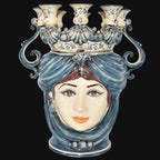 Handmade Caltagirone ceramics with female face and blue decorations, a unique handcrafted piece
