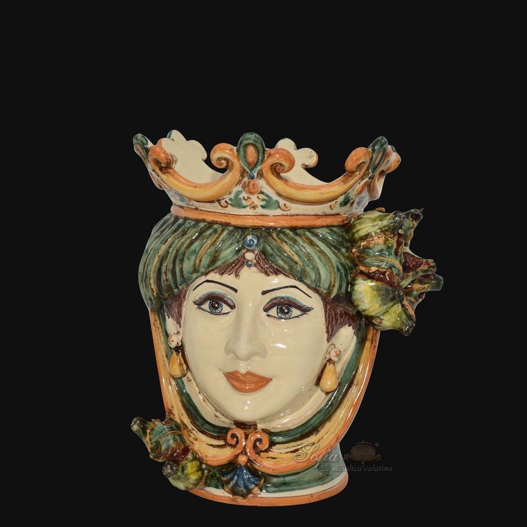 Testa di Moro with Figs, Woman, green and orange, crown and colourful flowers. Sicilian ceramics from Caltagirone, Sofia