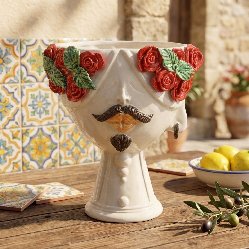 Testa di Moro with red roses "Zahira" man, White and Color 30 cm, Ceramiche di Caltagirone Sofia