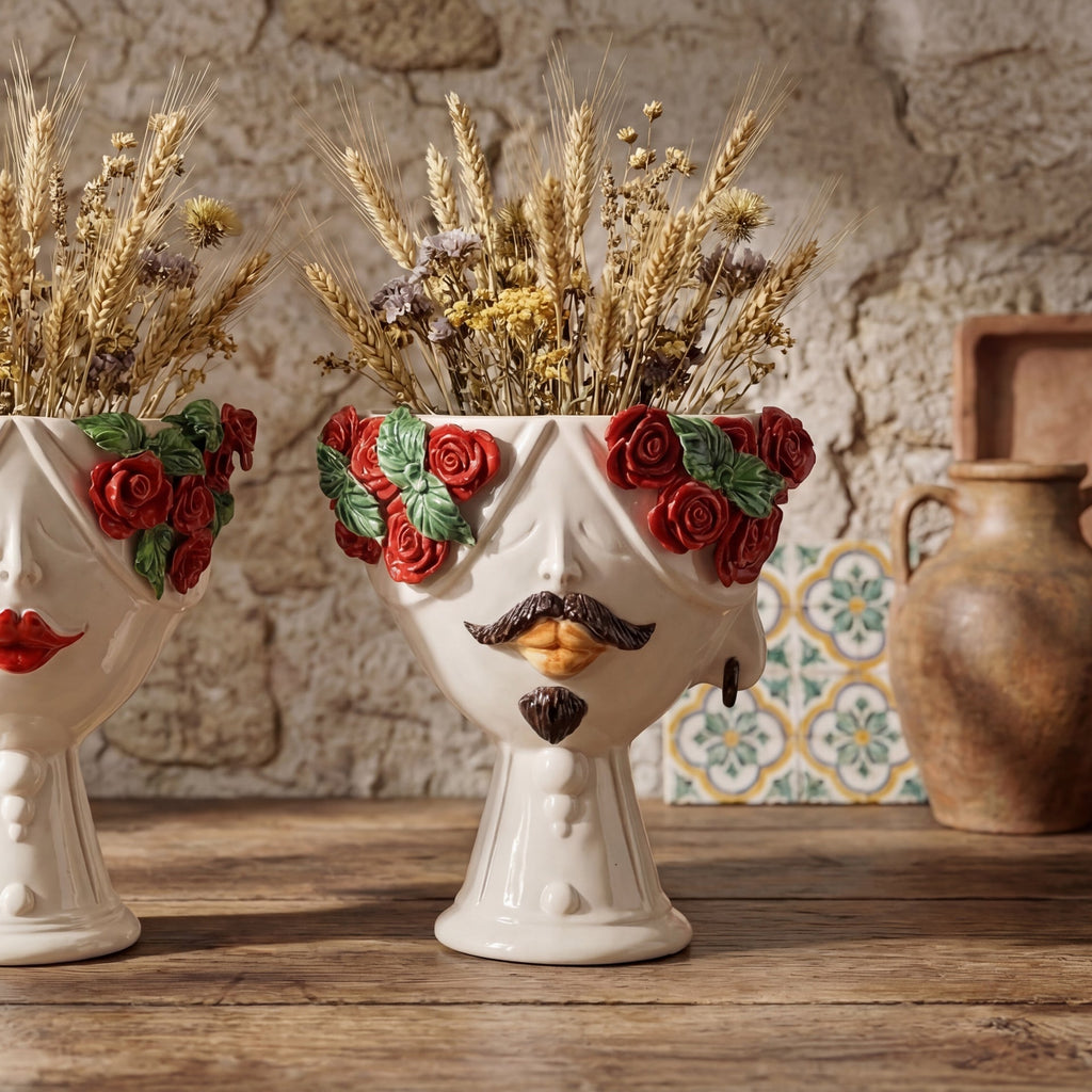 Testa di Moro with red roses "Zahira" man, White and Color 30 cm, Ceramiche di Caltagirone Sofia