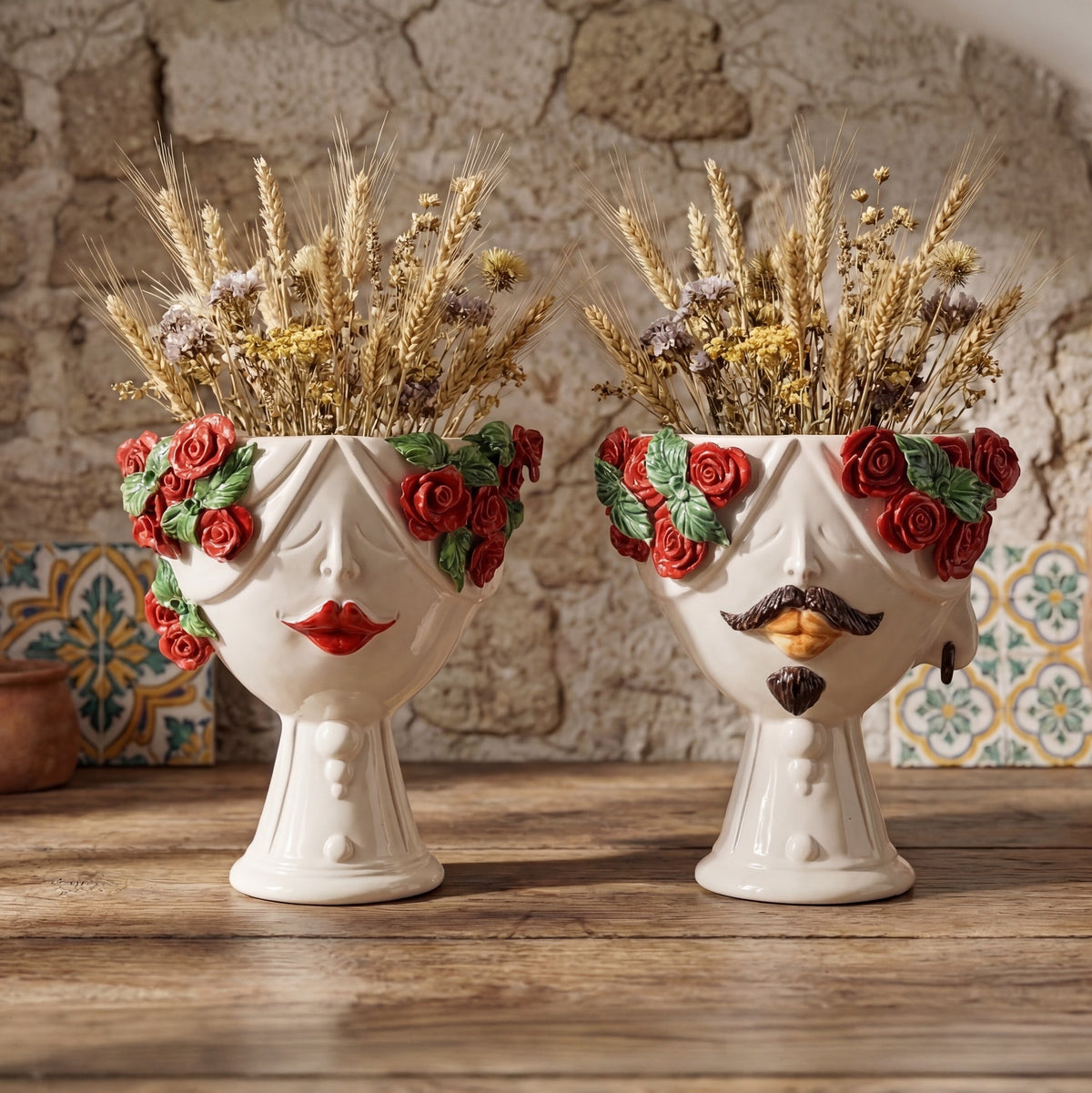 Testa di Moro with red roses "Zahira" man, White and Color 30 cm, Ceramiche di Caltagirone Sofia