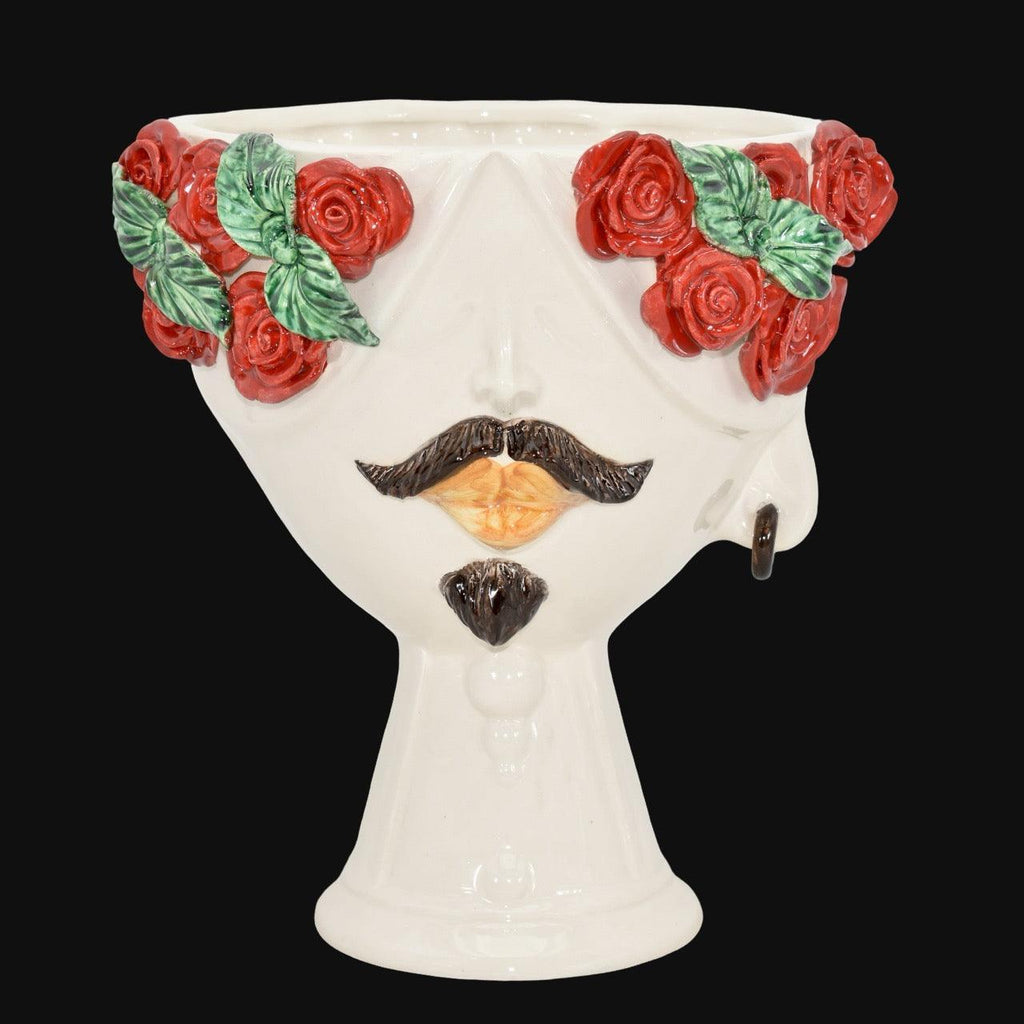 Zahira Head with Red Roses, Man, White and Color, moustache and earring. Ceramiche Sofia, Caltagirone