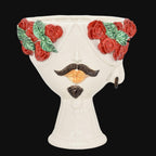 Zahira Head with Red Roses, Man, White and Color, moustache and earring. Ceramiche Sofia, Caltagirone