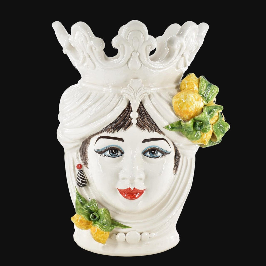 Testa di Moro, woman, White and Lemon, lemons and crown. Sicilian ceramics from Caltagirone, Sofia