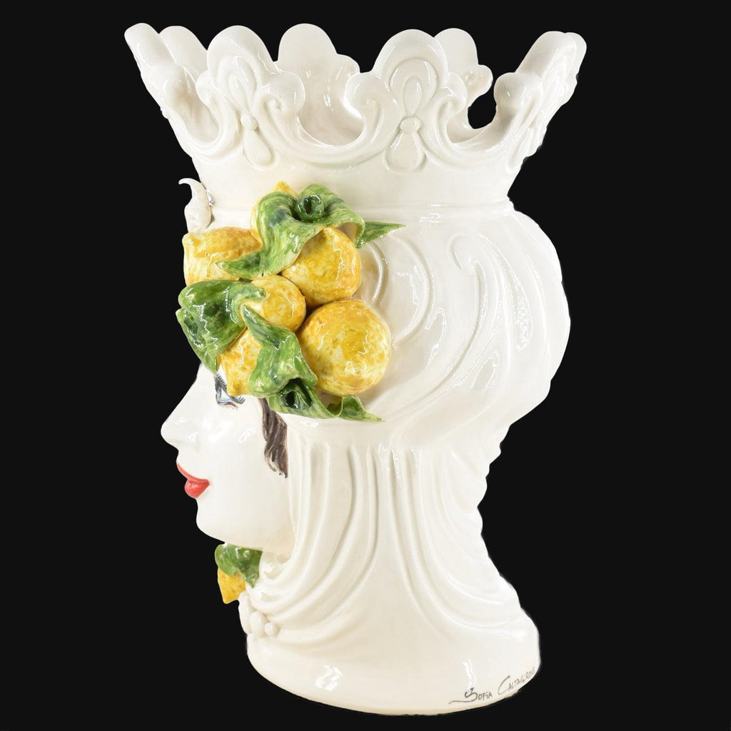 Testa di Moro, Woman, White and Lemon, woman with lemons, traditional style. Sicilian ceramics from Caltagirone, Sofia