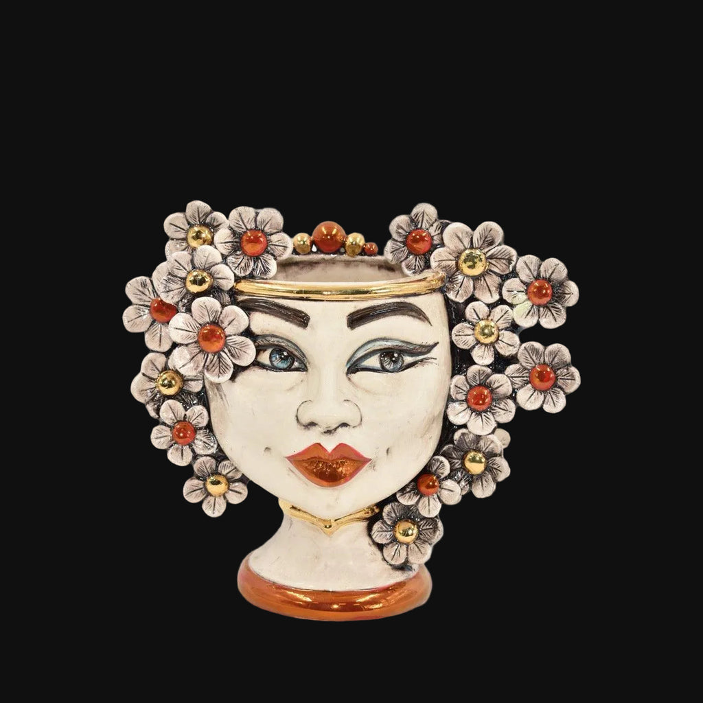 Head h 20 with flowers, with expression, mother of pearl, gold and lustre, woman, Ceramiche di Caltagirone Sofia