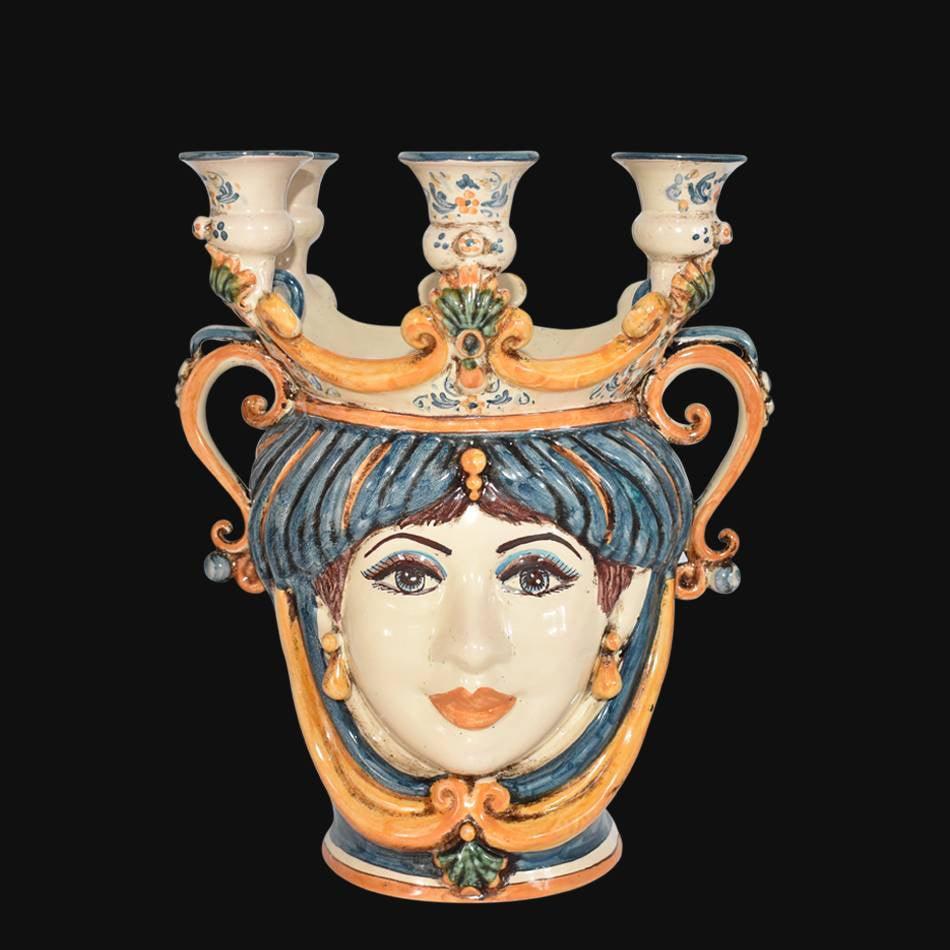 Testa di Moro Candeliere, Frau, Blau und Orange, drei Kerzenhalter und Dekore. Sizilianische Keramik aus Caltagirone, Sofia