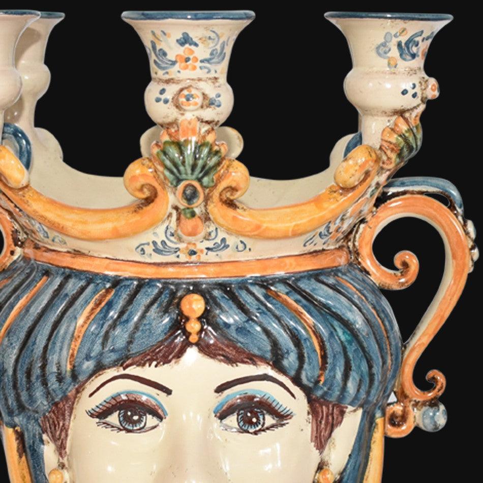 Testa di Moro Candeliere, Frau, Blau und Orange. Sizilianische Keramik aus Caltagirone, Sofia