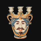 Testa di Moro a Candeliere, Maschio Bianco, Blu e Arancio, tre portacandele. Ceramiche Sofia, Caltagirone