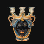 Testa di Moro a Candeliere, Maschio Moro, Blu e Arancio, tre portacandele e decori colorati. Ceramiche Sofia, Caltagirone