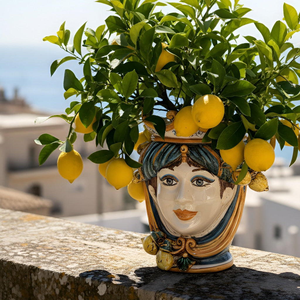Blue and orange Testa di Moro with lemons holding a potted lemon tree, overlooking the sea