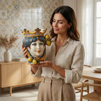 Woman showing the female Testa di Moro with lemons, crown and blue and orange decoration