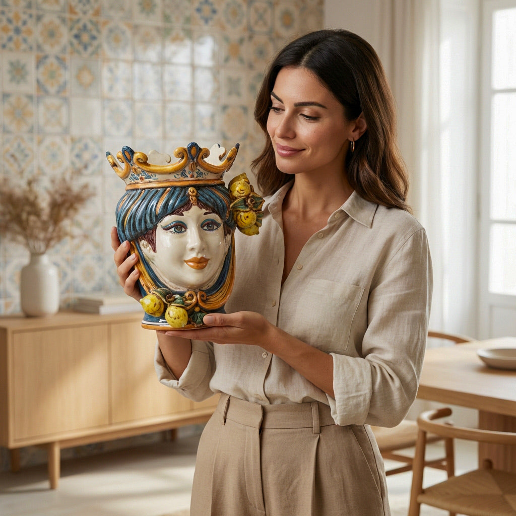 Woman showing the female Testa di Moro with lemons, crown and blue and orange decoration