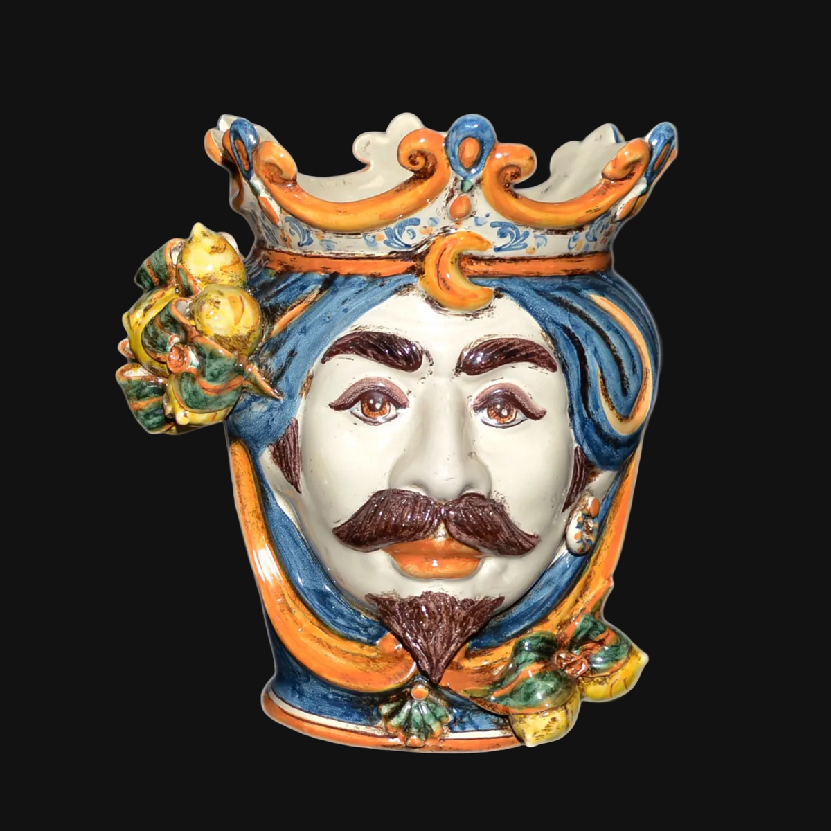 Head h 25 cm, lemons, blue and orange, white male, Ceramiche di Caltagirone Sofia