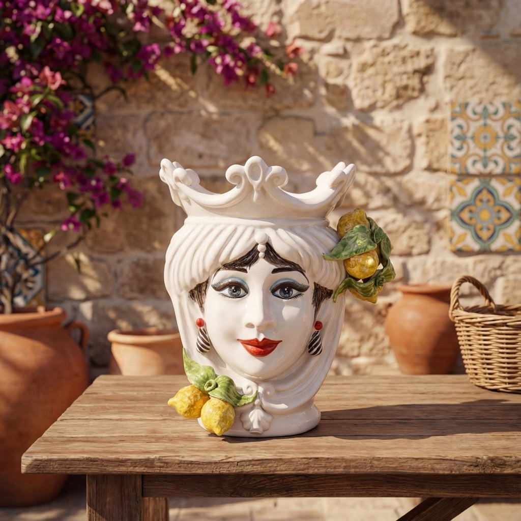 Woman's head h 25 cm White and Lemon, Ceramiche di Caltagirone Sofia