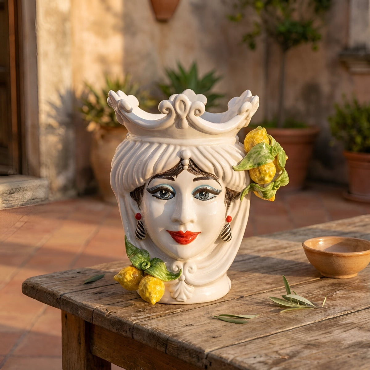 Woman's head h 25 cm White and Lemon, Ceramiche di Caltagirone Sofia