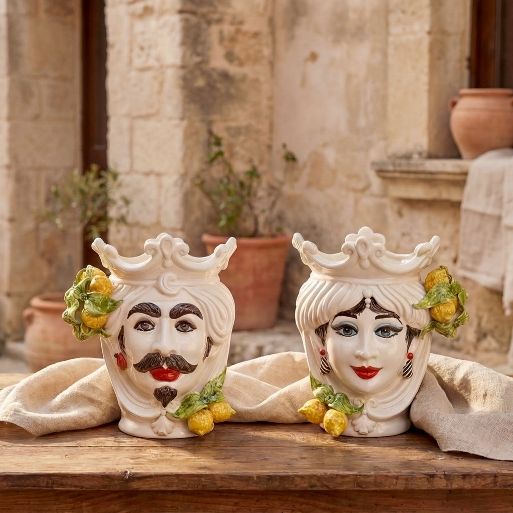 Woman's head h 25 cm White and Lemon, Ceramiche di Caltagirone Sofia