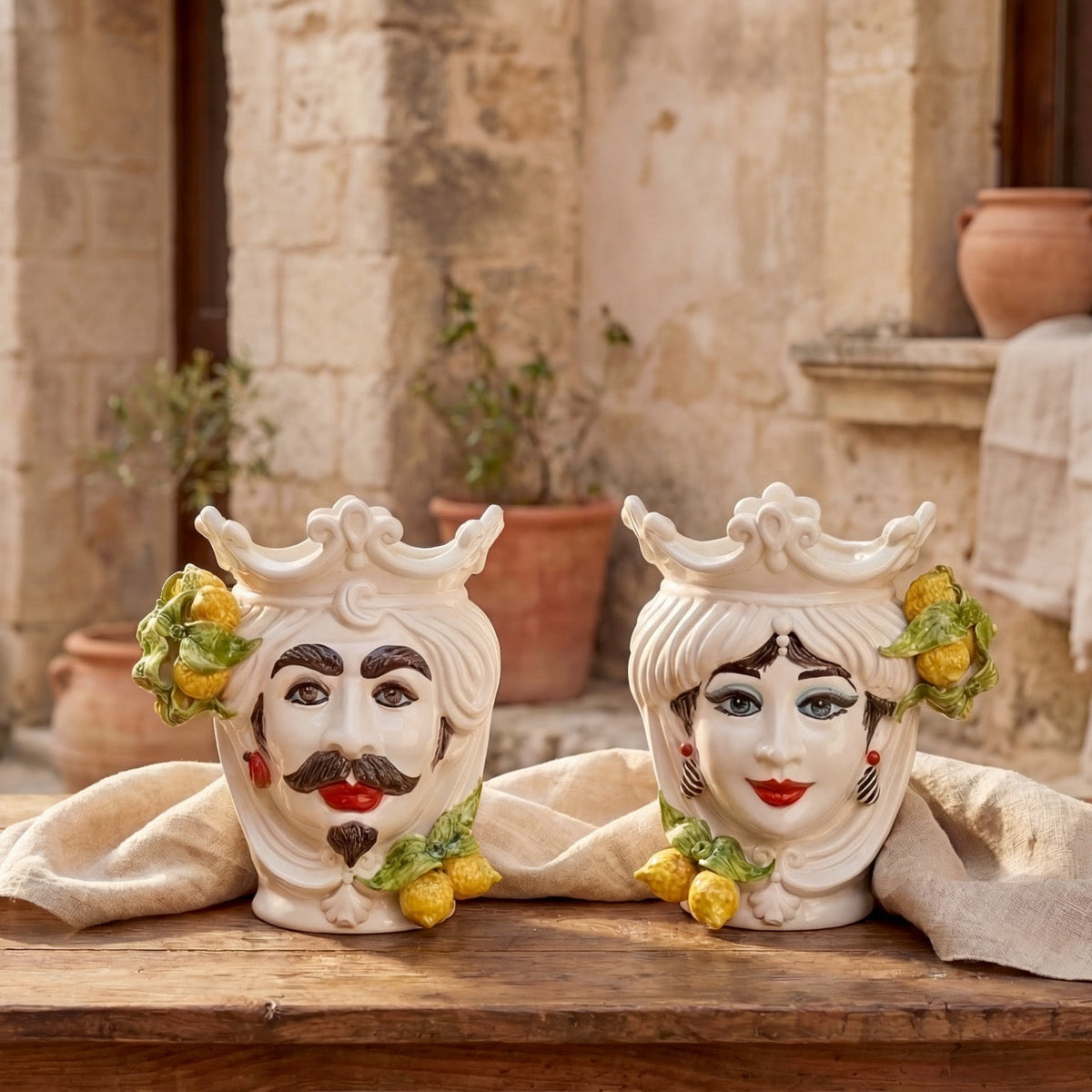 Woman's head h 25 cm White and Lemon, Ceramiche di Caltagirone Sofia