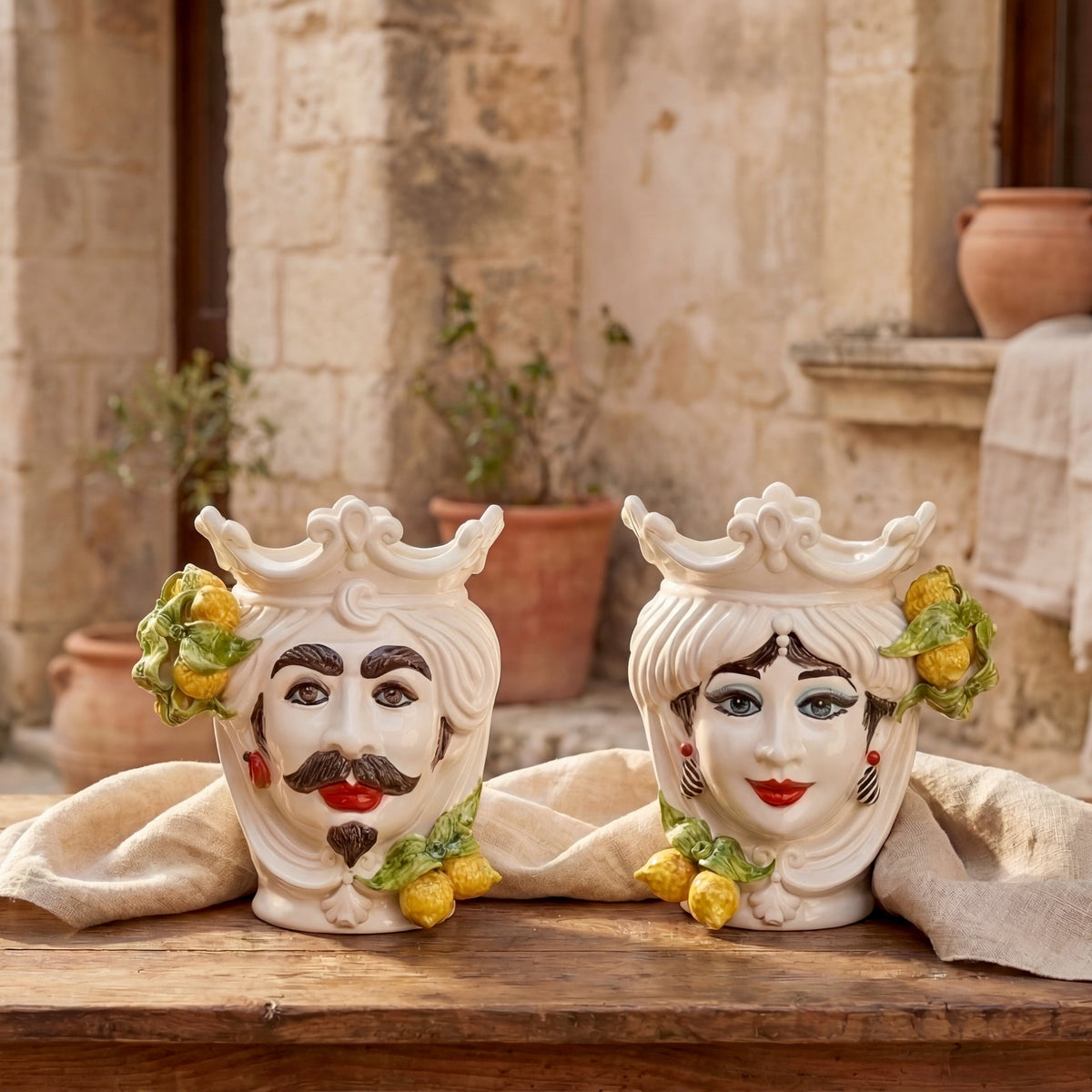 Kopf H 25 cm White and Lemon, Mann, Ceramiche di Caltagirone Sofia