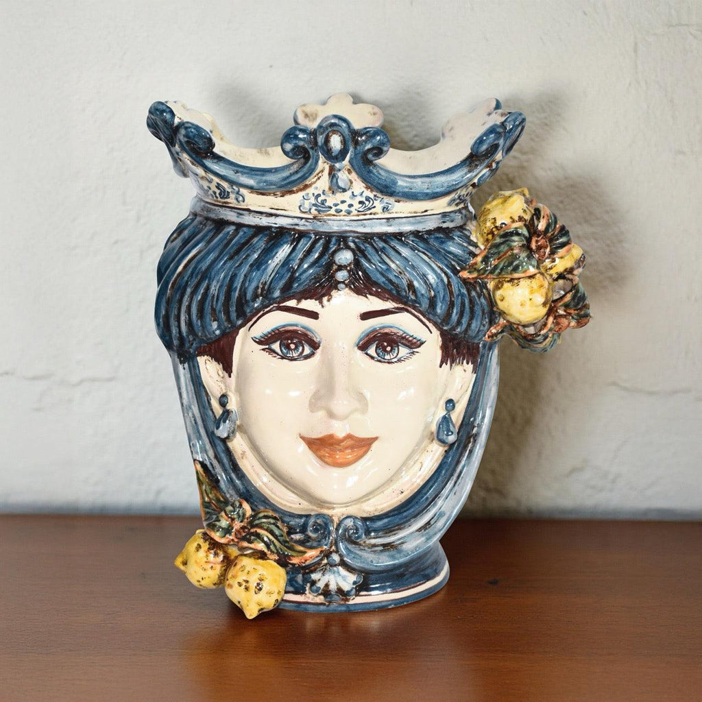 Head h 25 with lemons, Mono Blue, woman, Ceramiche di Caltagirone Sofia