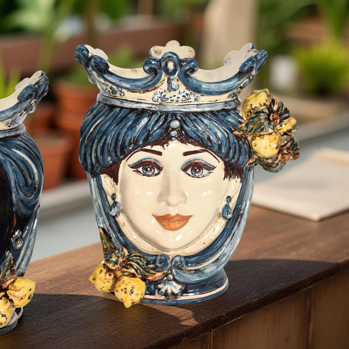 Head h 25 with lemons, Mono Blue, woman, Ceramiche di Caltagirone Sofia