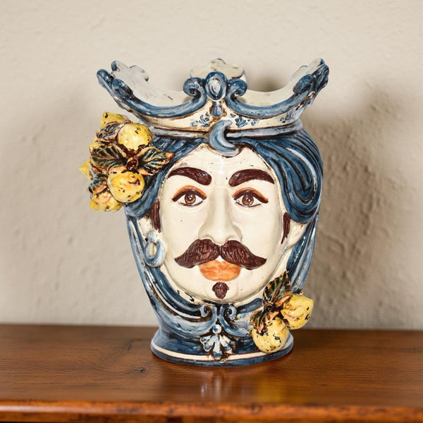 Testa di Moro with Lemons h 25 cm / 9¾", White Male, Mono Blue