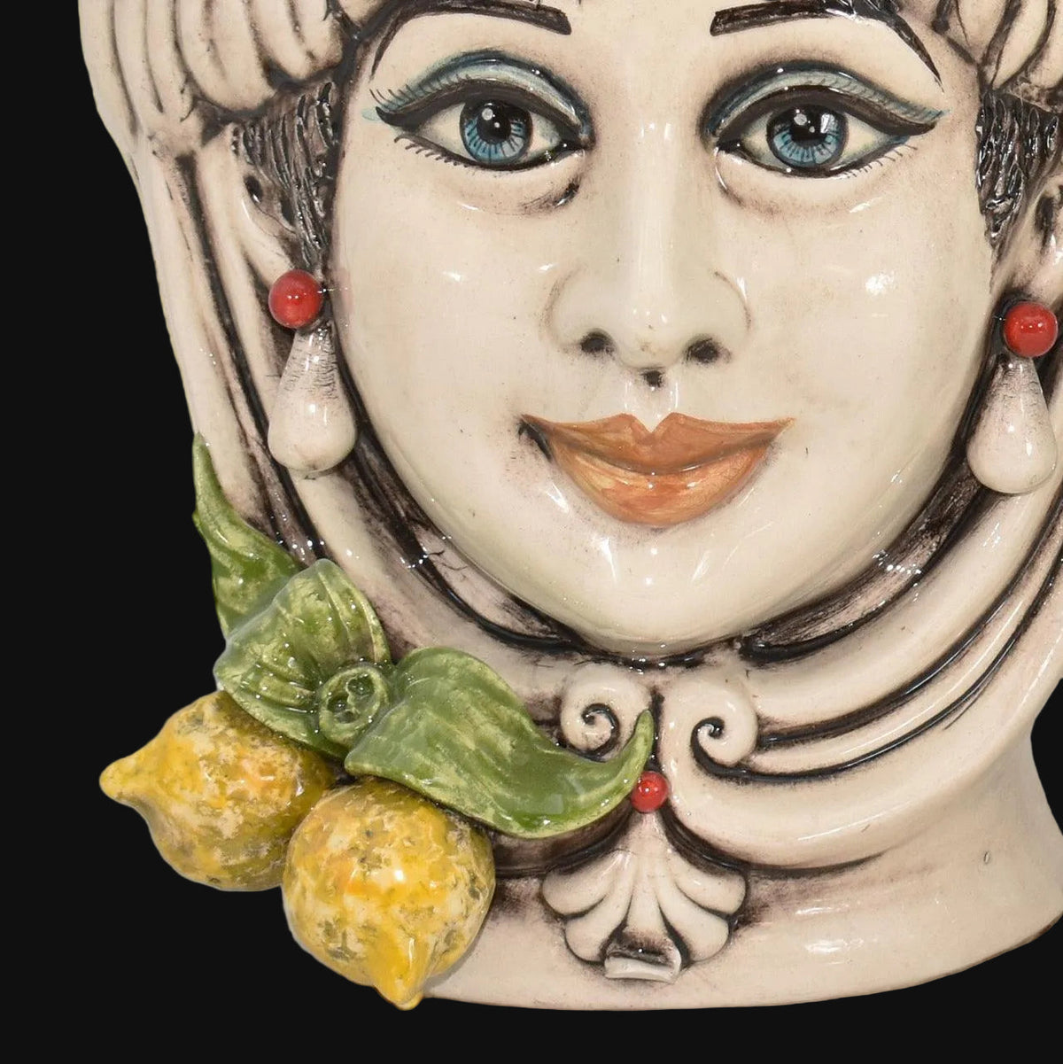 Kopf H 25 mit gelben sizilianischen Zitronen in Perlmutt, Frau, Ceramiche di Caltagirone Sofia