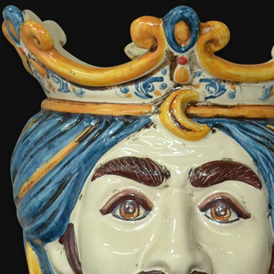 Handmade Caltagirone ceramics with blue and yellow crown, handcrafted face detail