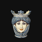 Handgefertigte Keramik aus Caltagirone mit weiblichem Gesicht und blauer Krone