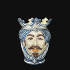 Handmade Caltagirone ceramic king's head with blue crown and artisan details
