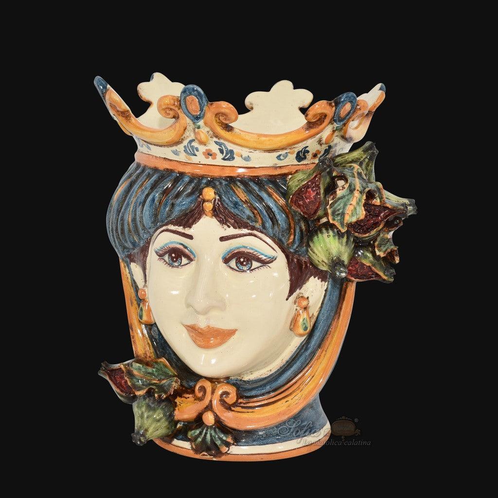 Testa di Moro with Figs, Woman, blue and orange, crown and colourful details. Ceramiche Sofia, Caltagirone