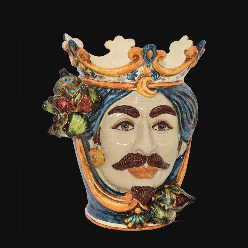 Testa di Moro con Fichi, Maschio Bianco, Blu e Arancio, corona e decori colorati. Ceramiche Sofia, Caltagirone