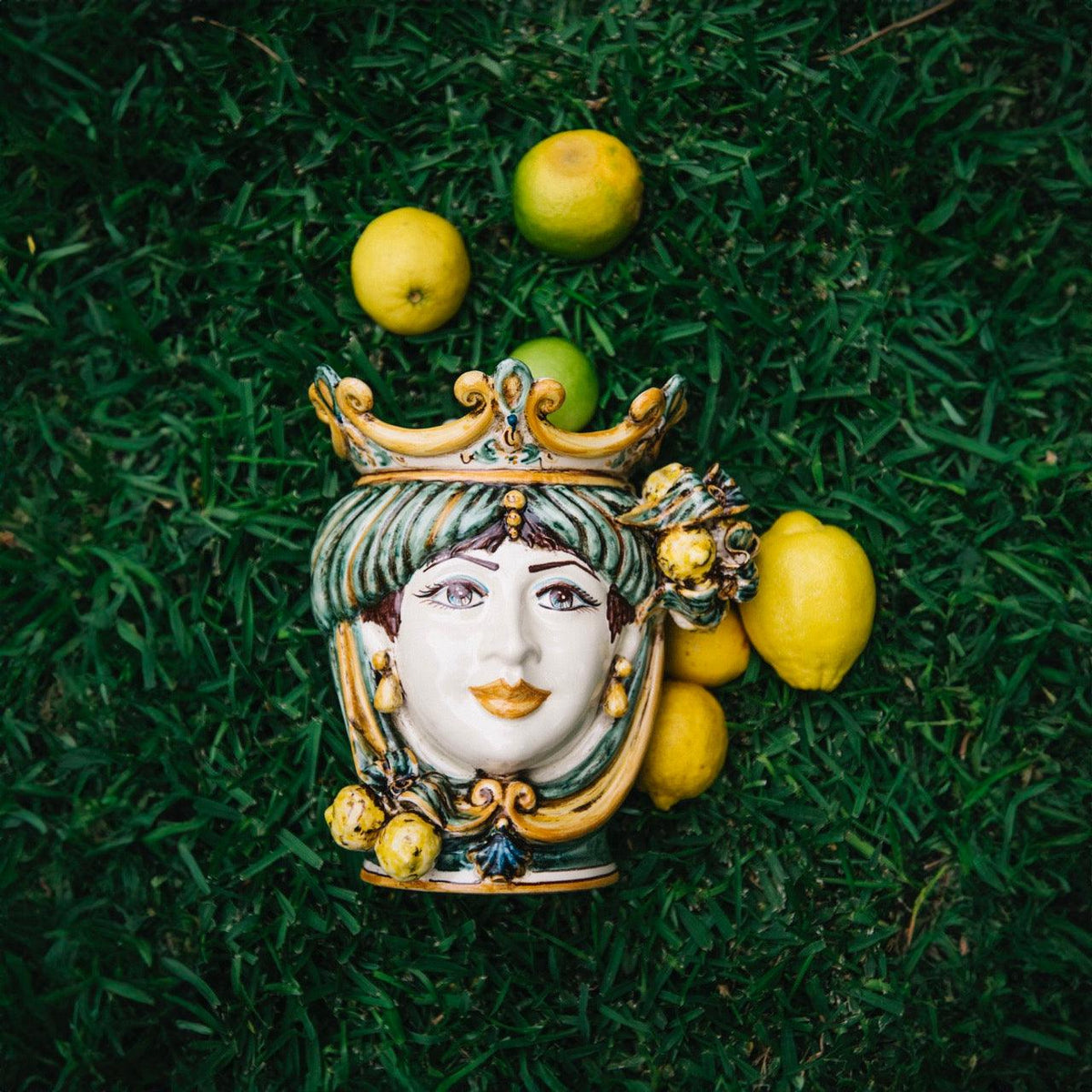 Head h 25, lemons, green and orange, woman, Ceramiche di Caltagirone Sofia