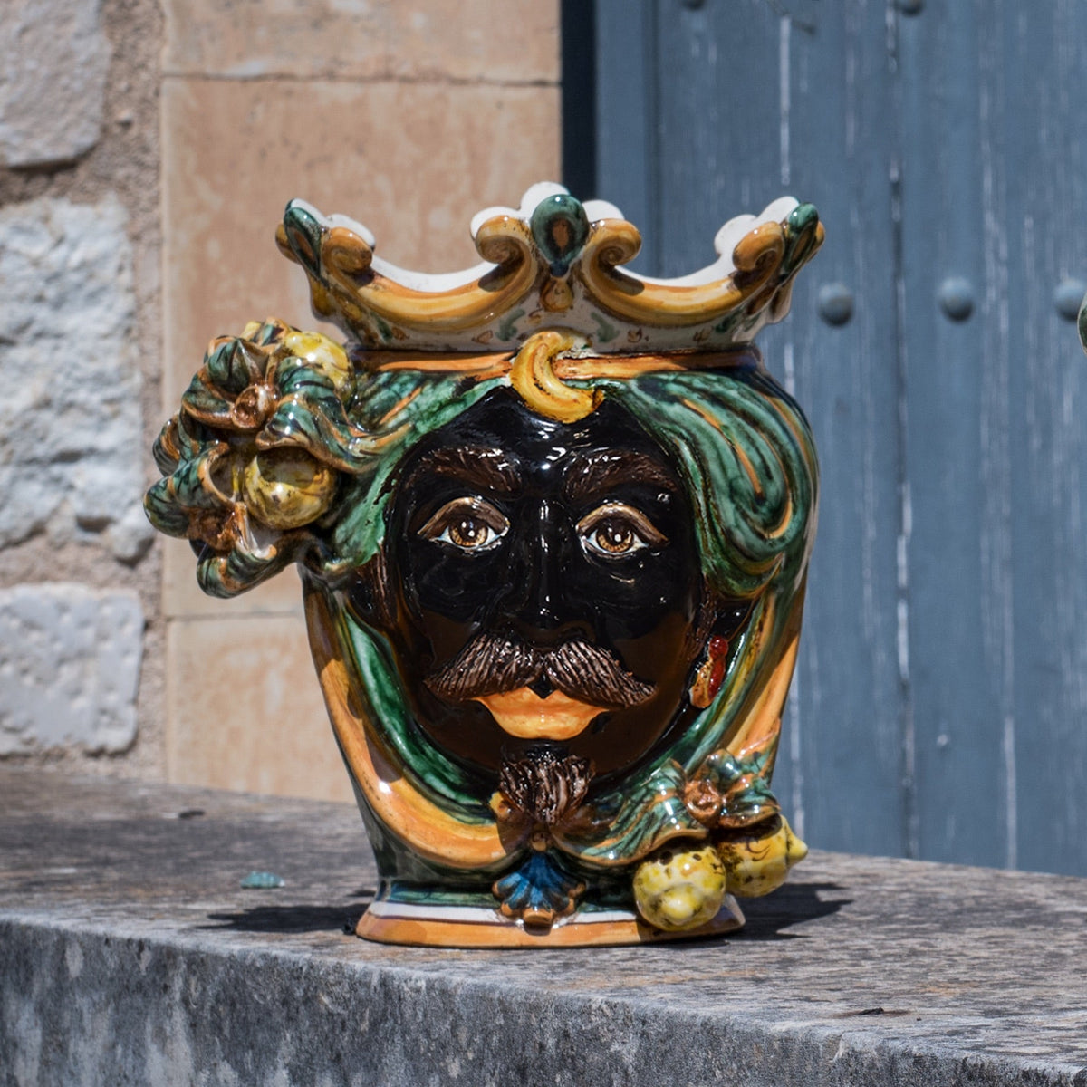 Head h 25, lemons, green and orange, Moor male, Ceramiche di Caltagirone Sofia