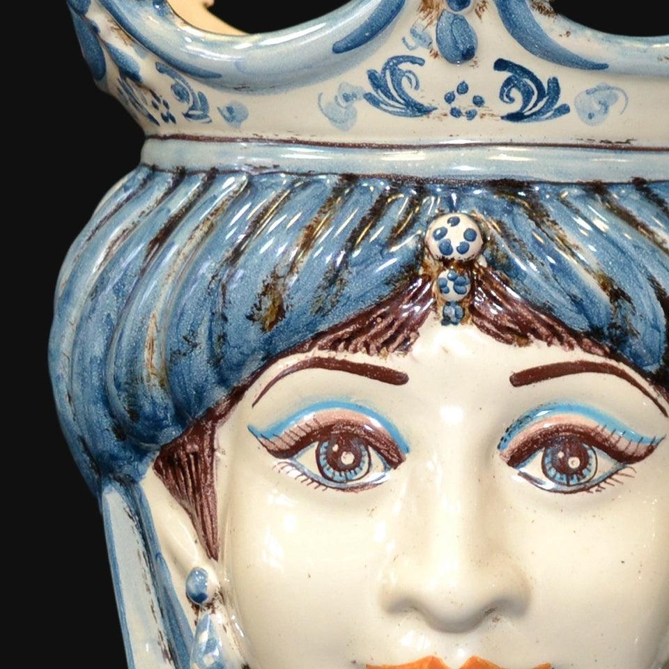 Handmade Caltagirone ceramic with female face hand-painted in blue and white