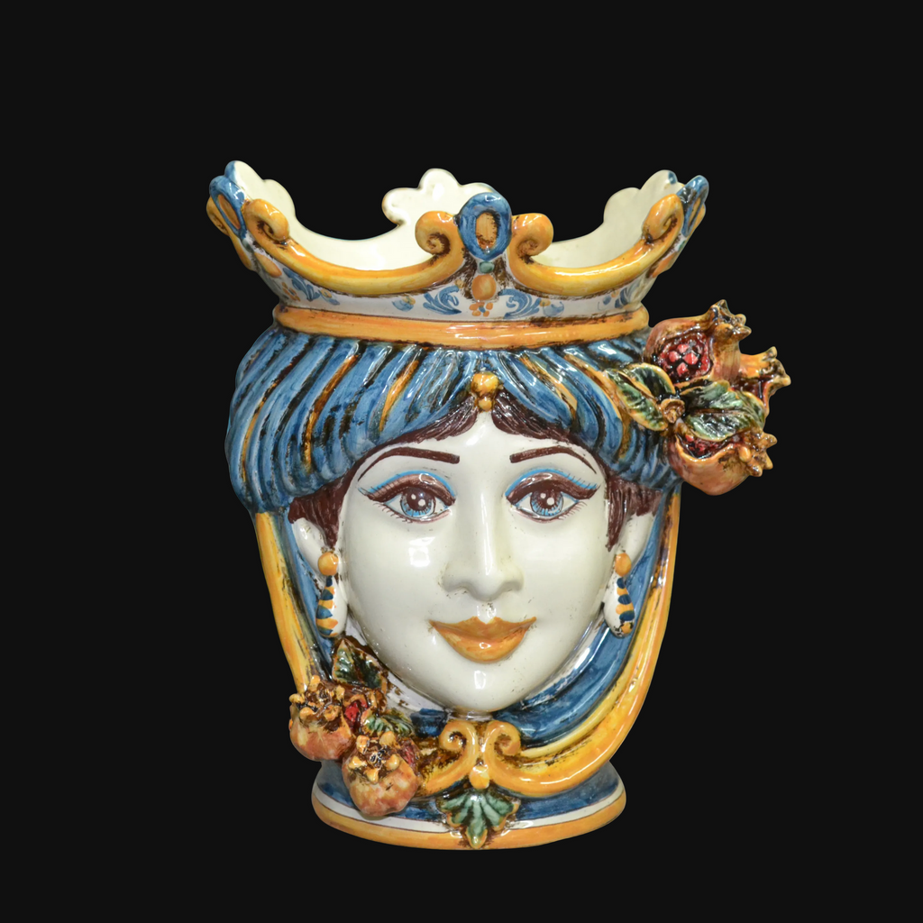 Handmade Caltagirone ceramic vase with female face, crown and colourful pomegranates
