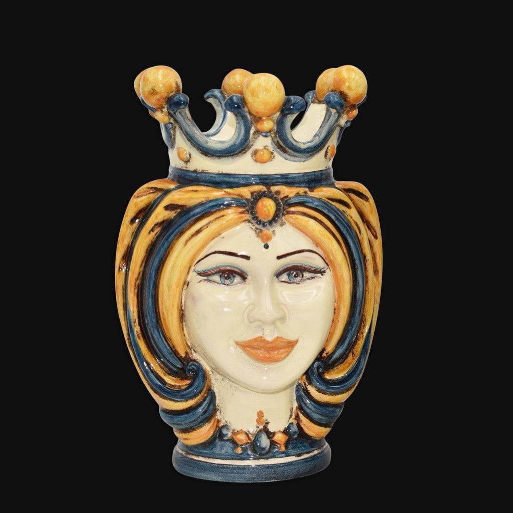 Testa di Moro con Turbante, Donna, Blu e Arancio, corona e capelli e gialli. Ceramica siciliana di Caltagirone, Sofia