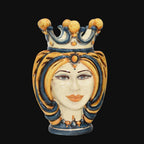 Testa di Moro con Turbante, Donna, Blu e Arancio, corona e capelli e gialli. Ceramica siciliana di Caltagirone, Sofia